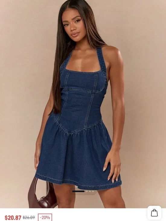 Denim Halter Fit-and-Flare Mini Dress - Dark Blue - Picture 1 of 3